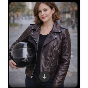 NWT ‎ BB Dakota Women's Faux Leather Croc Embossed Moto Biker Jacket Brown